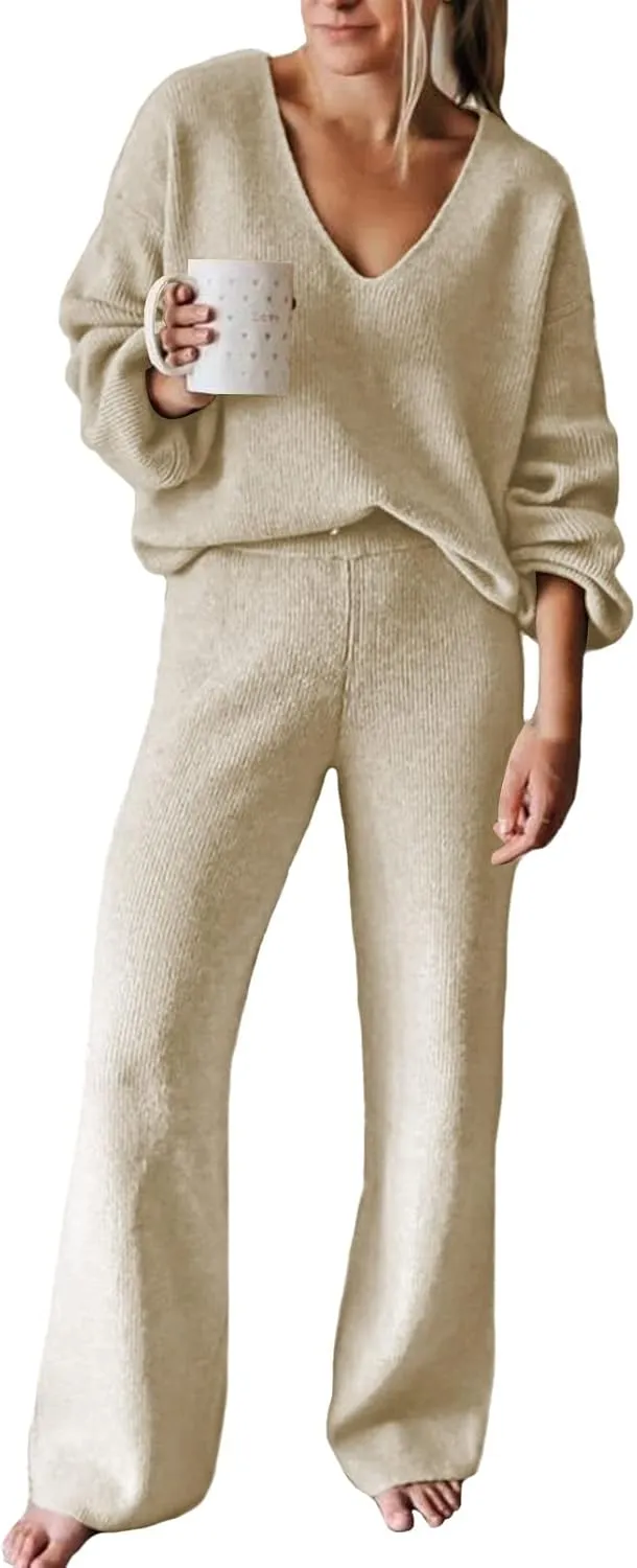 AOHITE Womens Knit Sweater Pajamas Set V-neck Pullover Tops Wide Leg Pants Sleepwear Loungewear Outfits Apricot Small