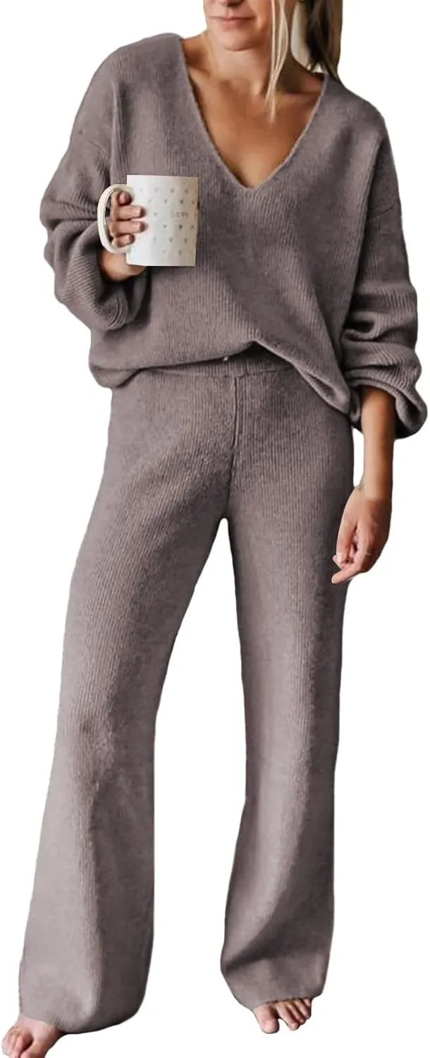 AOHITE Womens Knit Sweater Pajamas Set V-neck Pullover Tops Wide Leg Pants Sleepwear Loungewear Outfits Purple Grey Medium