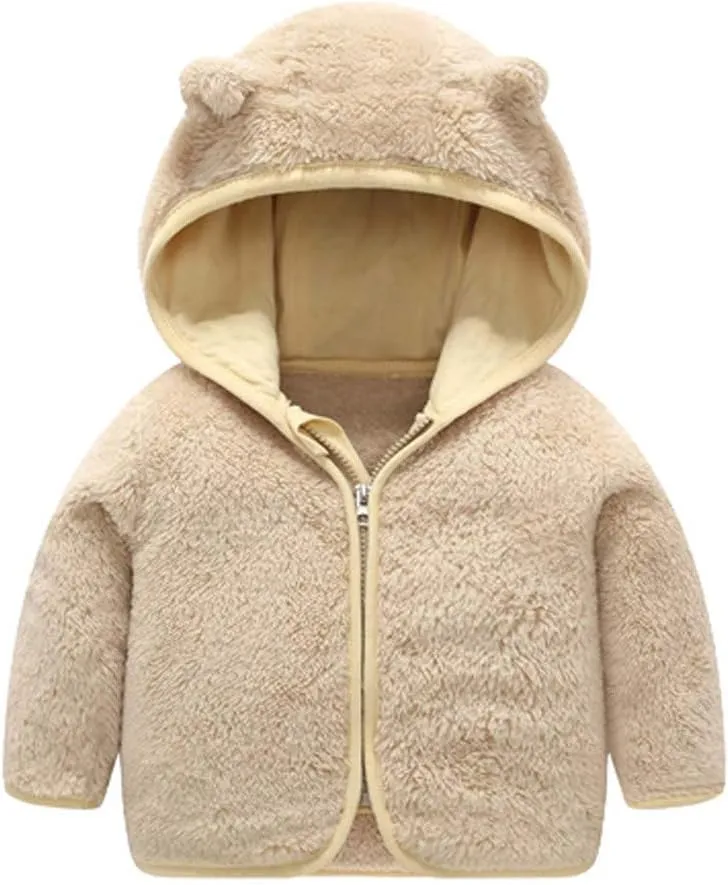 Baby Boys Girls Fleece Jacket Cute Bear Ears Hooded Jacket Fuzzy Zip Up Coat Kids Winter Warm Outwear