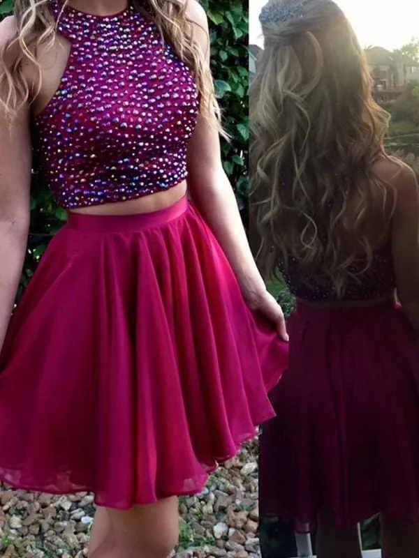 Bridelily A-Line Chiffon Scoop Sleeveless Short/Mini Prom Dresses
