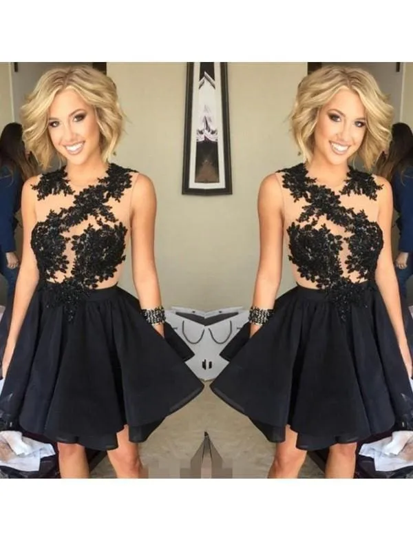Bridelily A-Line Chiffon Scoop Sleeveless Short/Mini With Lace Dresses