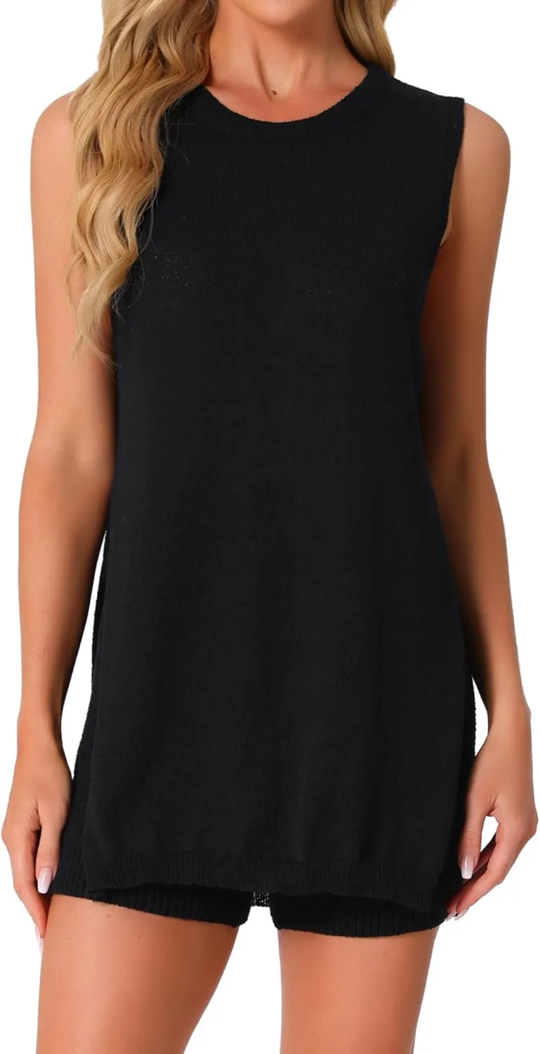 cheibear Womens 2025 Tank Top Lounge Set Sleeveless Stretchy Knit 2 Piece Outfits Slim Fitted Shorts Sets