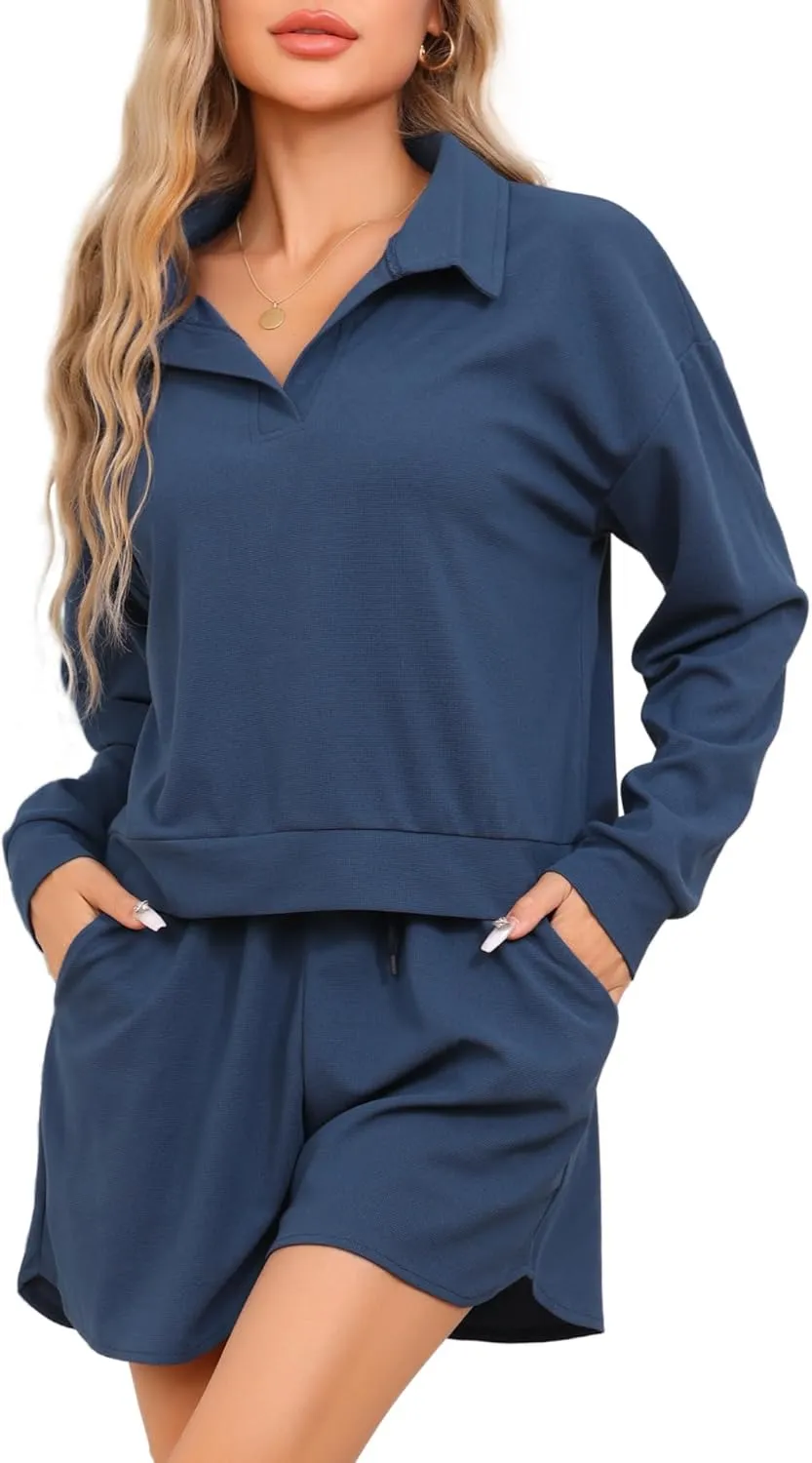 cheibear Womens Waffle Knit Pajama Set Top and Shorts Lounge Set Long Sleeve Outfits Loungewear Pj Sets with Pockets