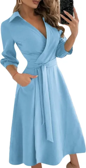 GORIFE Women's Casual Wrap V Neck Long Dress 3/4 Sleeve Floral Print Dress Lapel Flare Fit A-line Tie Belt Dresses