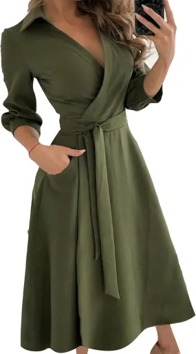 GORIFE Women's Casual Wrap V Neck Long Dress 3/4 Sleeve Floral Print Dress Lapel Flare Fit A-line Tie Belt Dresses