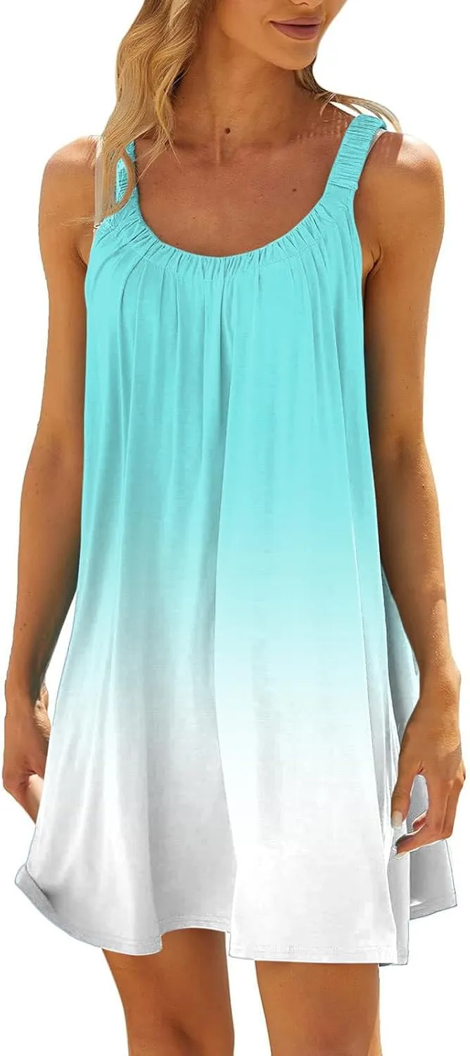 Hawaiian Dresses for Women Cute Summer Gradient Color Block Sleeveless Short Sundresses Travel Spring Break Clothes