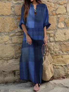 hulianfu  Women Casual Plaid Print Loose A-Line Dress Elegant V-Neck Half Sleeve Long Dress Spring Robes Ethnic Vintage Pocket Party Dress