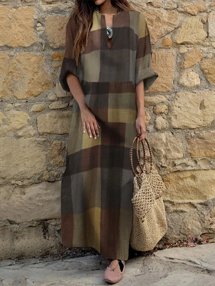 hulianfu  Women Casual Plaid Print Loose A-Line Dress Elegant V-Neck Half Sleeve Long Dress Spring Robes Ethnic Vintage Pocket Party Dress