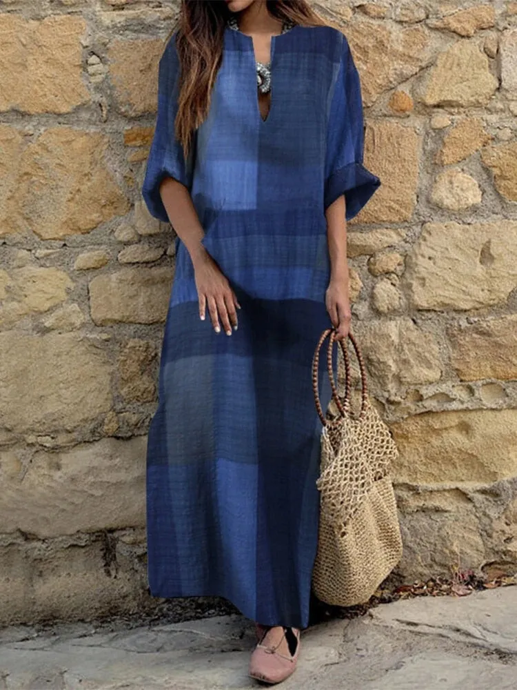 hulianfu  Women Casual Plaid Print Loose A-Line Dress Elegant V-Neck Half Sleeve Long Dress Spring Robes Ethnic Vintage Pocket Party Dress