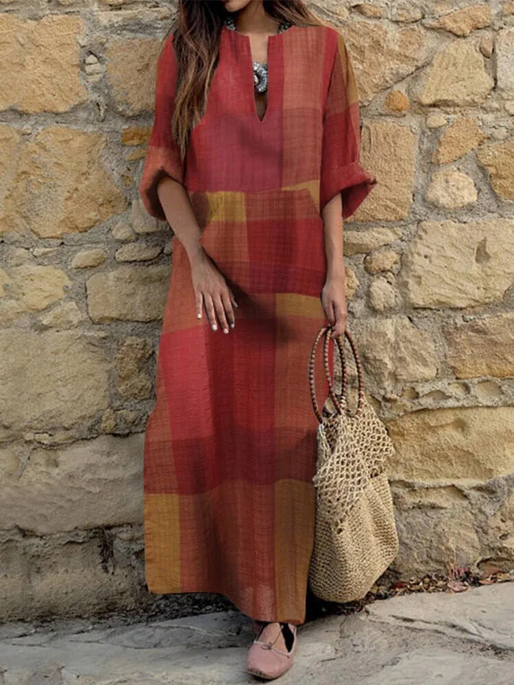 hulianfu  Women Casual Plaid Print Loose A-Line Dress Elegant V-Neck Half Sleeve Long Dress Spring Robes Ethnic Vintage Pocket Party Dress