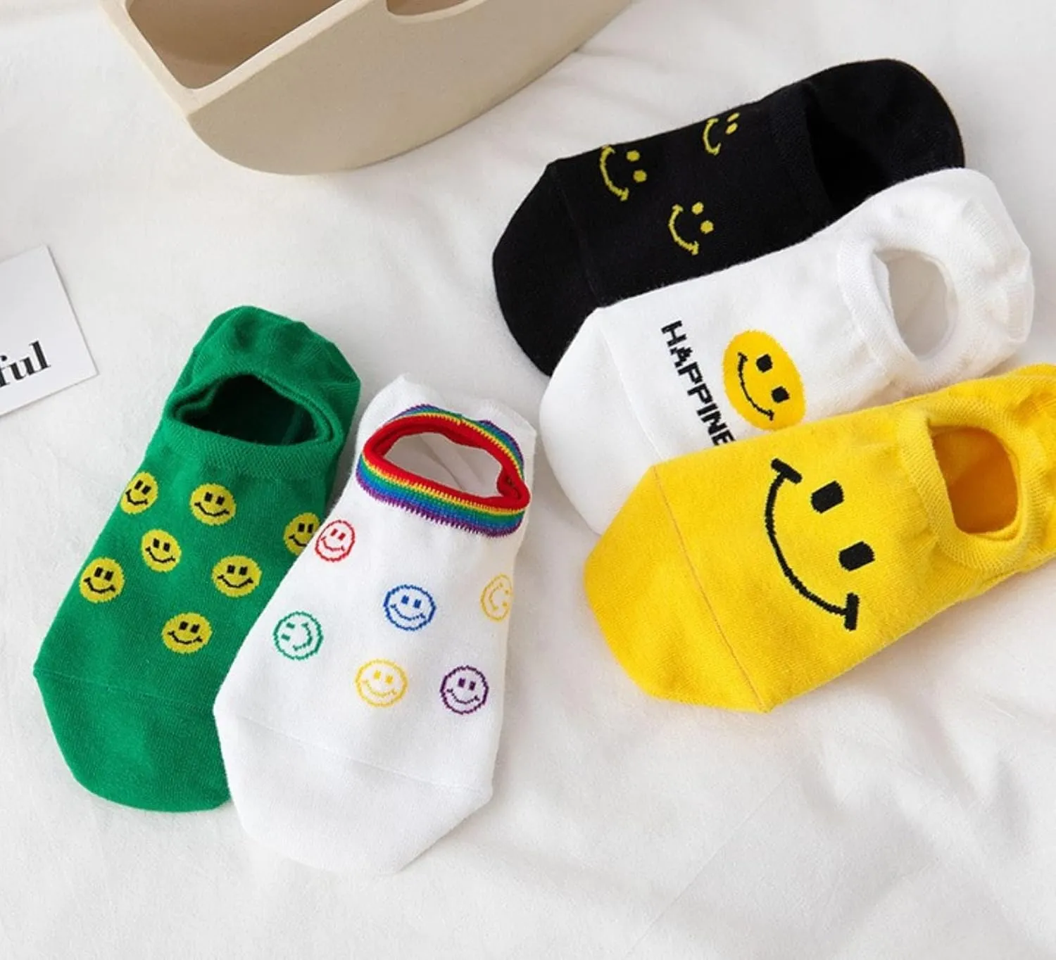 Kawaii Women No Show Socks with Smiley Face Non Slip Cushioned Invisible Liner Low Cut Socks 5 Pairs
