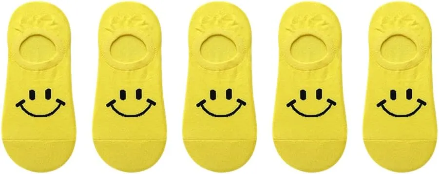 Kawaii Women No Show Socks with Smiley Face Non Slip Cushioned Invisible Liner Low Cut Socks 5 Pairs