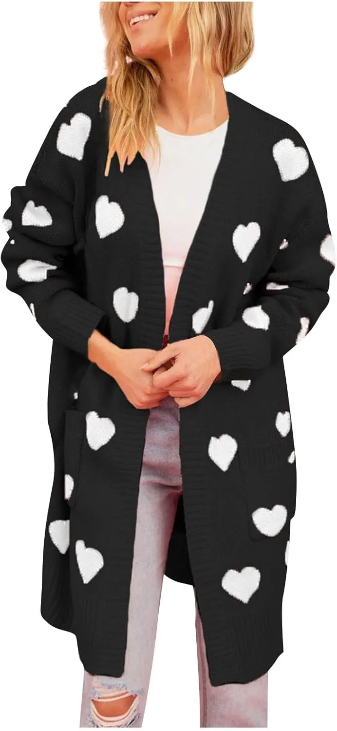 Long Oversized Cardigans Sweaters for Women Open Front Long Sleeve Knit Chunky Fall Heart Print Sweaters with Pockets