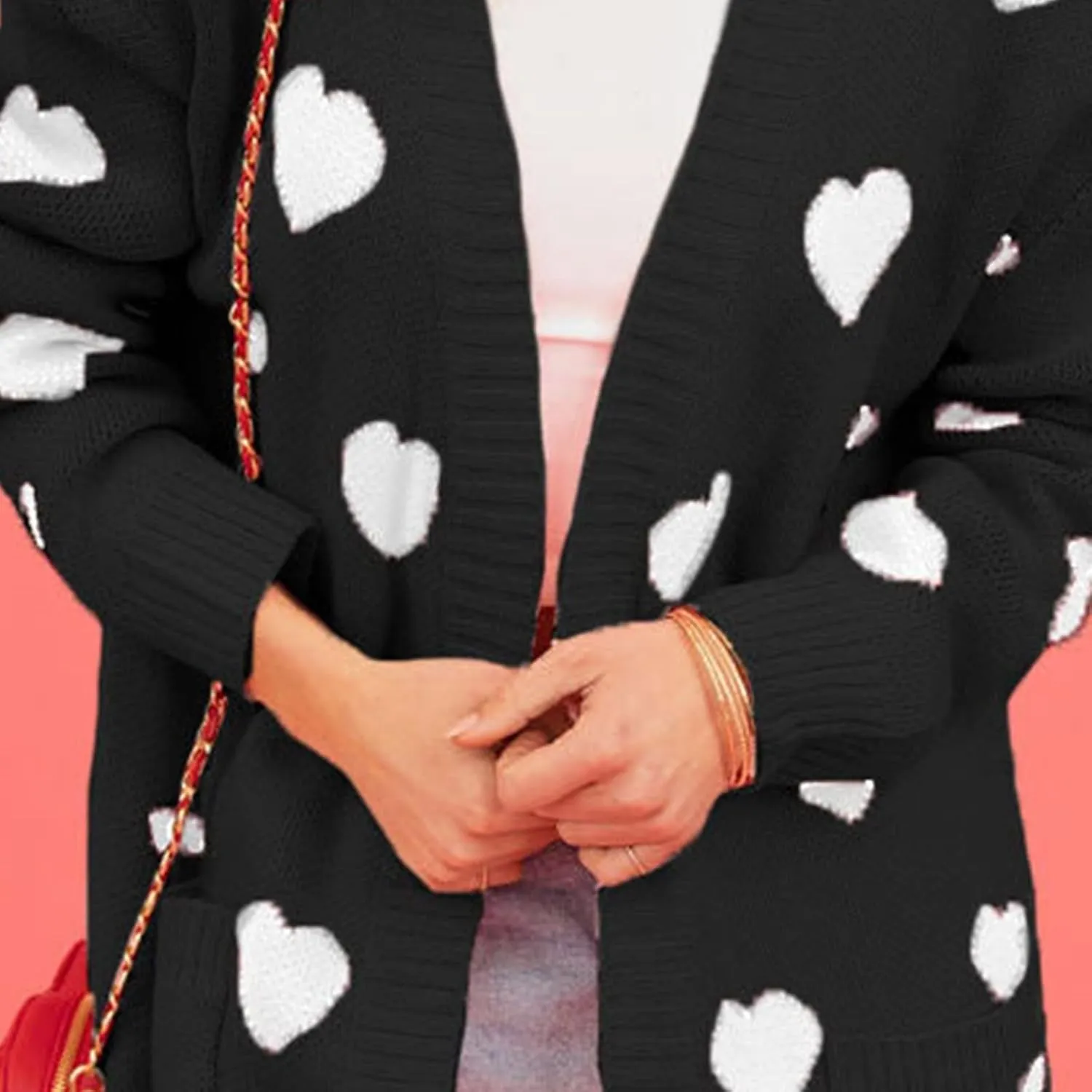 Long Oversized Cardigans Sweaters for Women Open Front Long Sleeve Knit Chunky Fall Heart Print Sweaters with Pockets