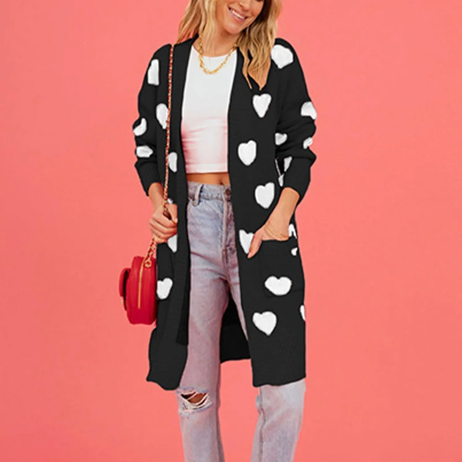 Long Oversized Cardigans Sweaters for Women Open Front Long Sleeve Knit Chunky Fall Heart Print Sweaters with Pockets