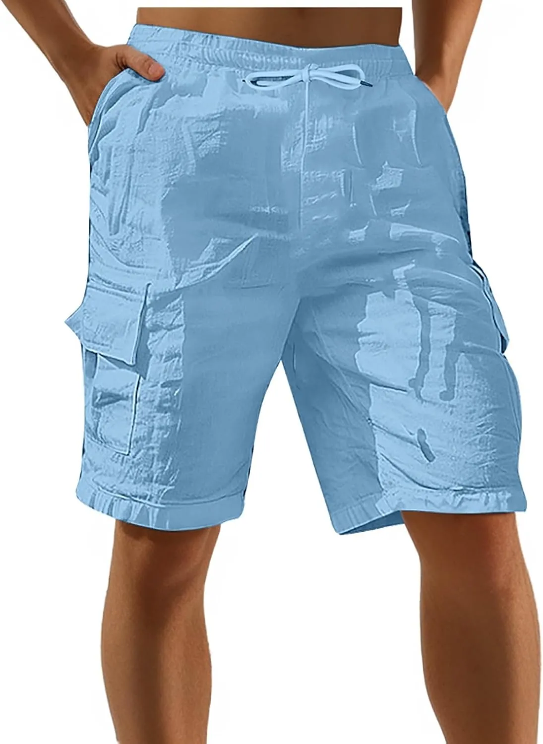 Mens Cotton Linen Cargo Shorts Casual Comfy Loose Elastic Waist Shorts Summer Beach Athletic Shorts with Multi Pockets