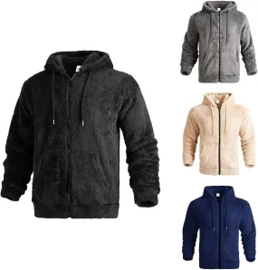 Men's Fuzzy Fleece Hooded Jackets Drawstring Solid Color Long Sleeve Zip up Thick Coat Winter Casual Thermal Outwear