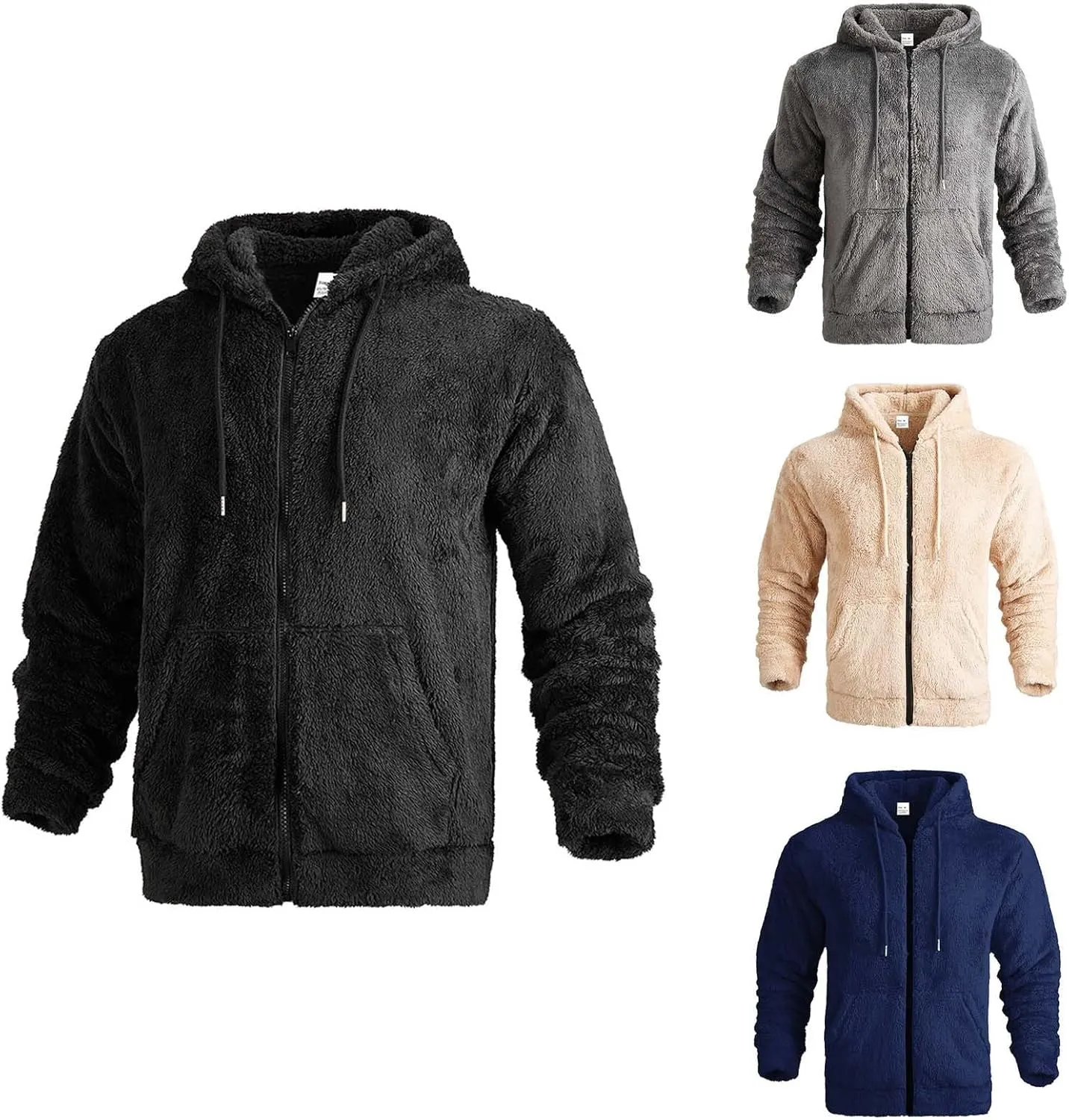Men's Fuzzy Fleece Hooded Jackets Drawstring Solid Color Long Sleeve Zip up Thick Coat Winter Casual Thermal Outwear