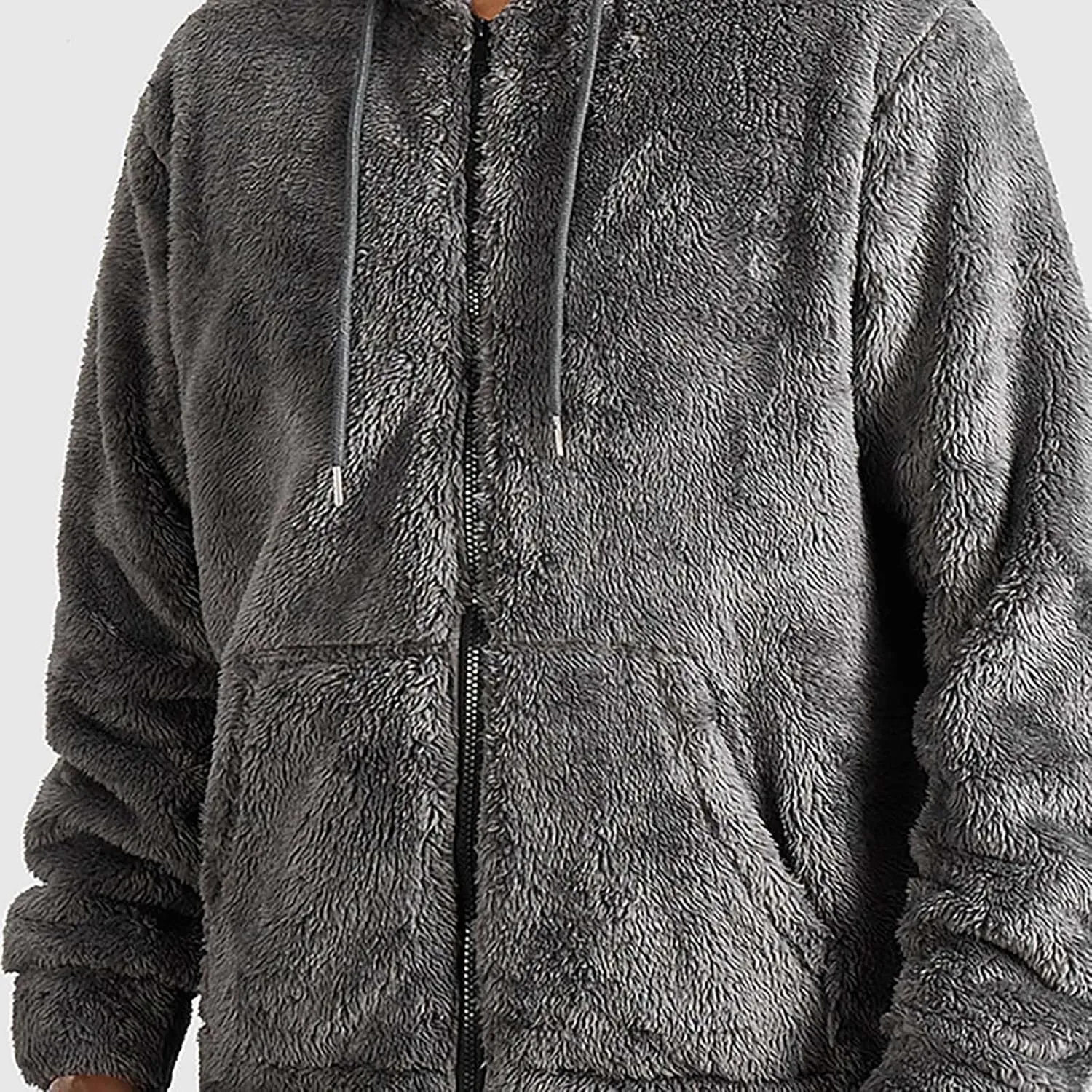 Men's Fuzzy Fleece Hooded Jackets Drawstring Solid Color Long Sleeve Zip up Thick Coat Winter Casual Thermal Outwear