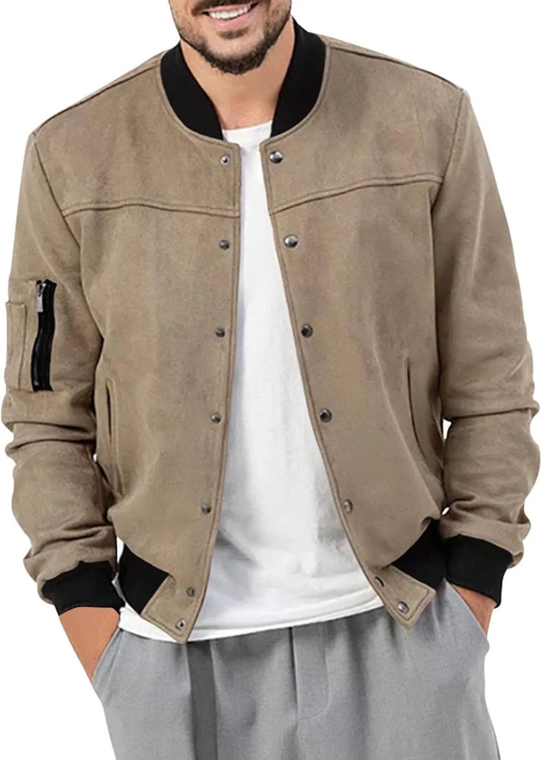 Mens Suede Jacket Vintage Leather Baseball Bomber Jacket Long Sleeve Button Lightweight Cardigan Jacket for Men