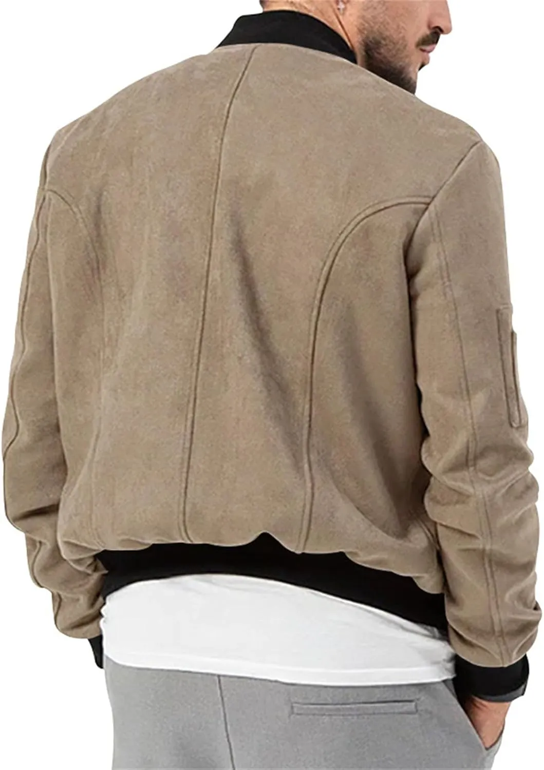 Mens Suede Jacket Vintage Leather Baseball Bomber Jacket Long Sleeve Button Lightweight Cardigan Jacket for Men