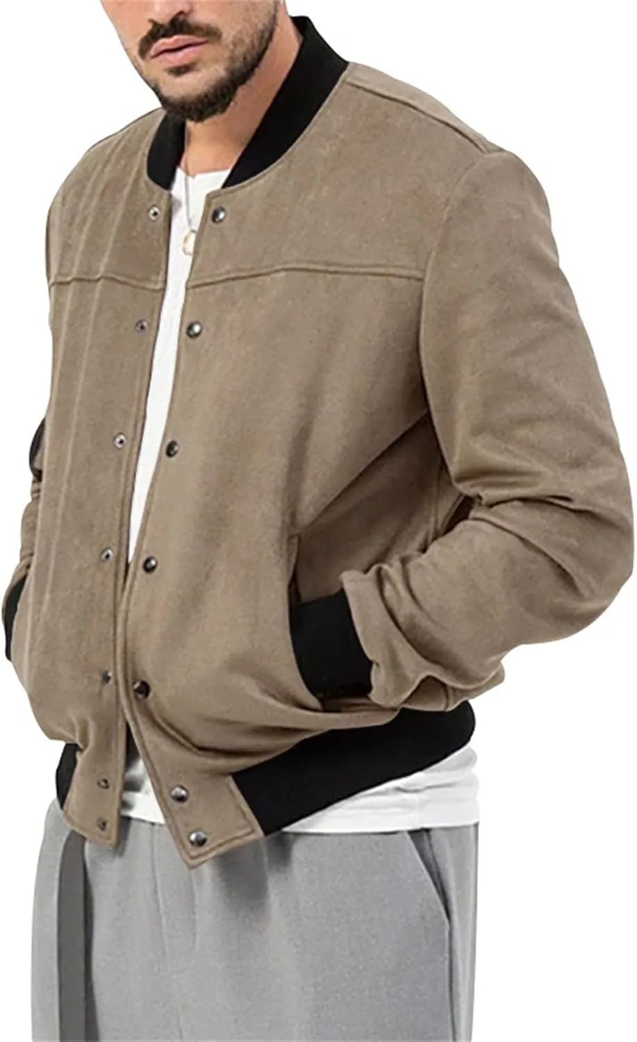 Mens Suede Jacket Vintage Leather Baseball Bomber Jacket Long Sleeve Button Lightweight Cardigan Jacket for Men