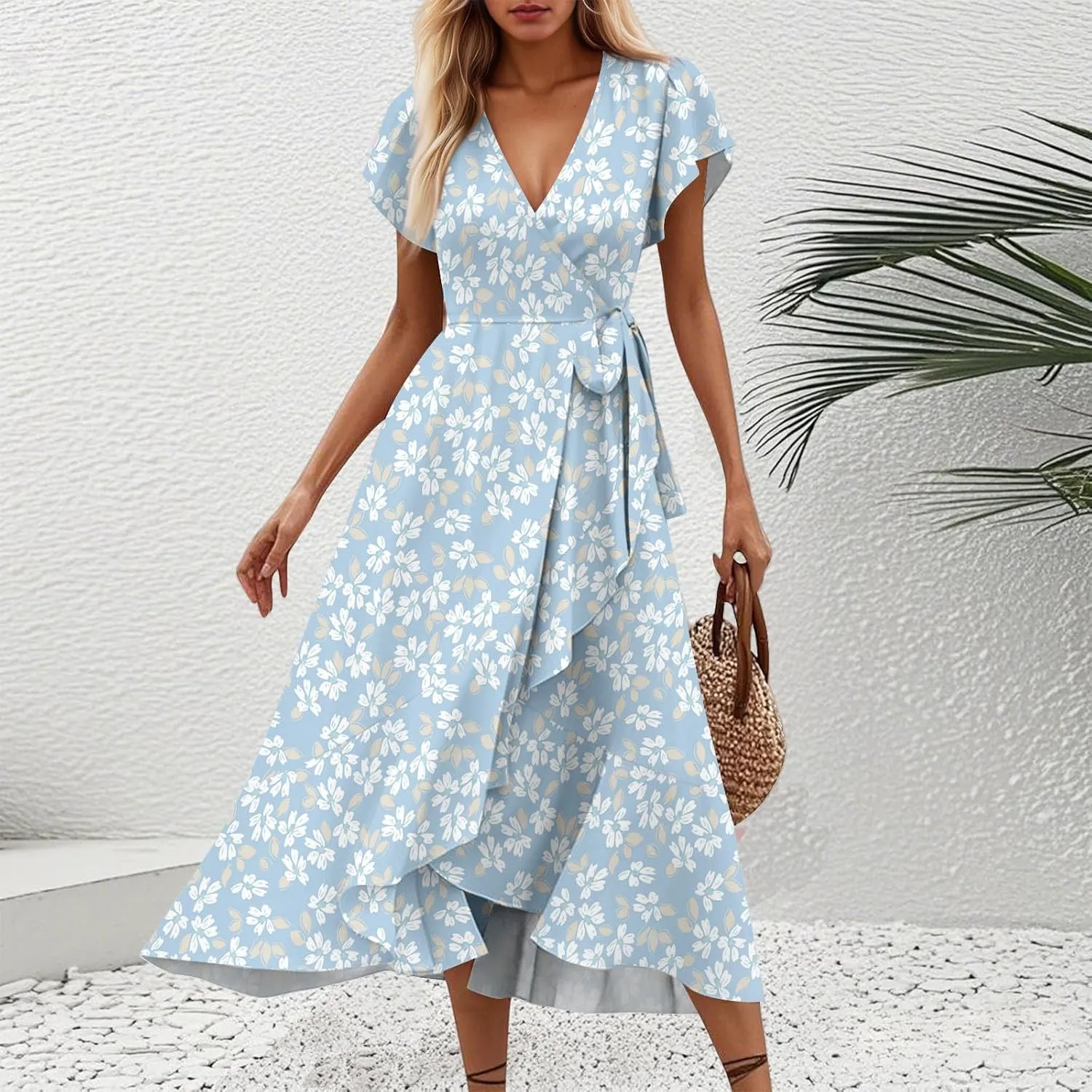 Summer Dresses for Women 2025 Floral Wrap V Neck Midi Dresses Fashion Short Sleeve A Line Sundress Flowy Casual Dress