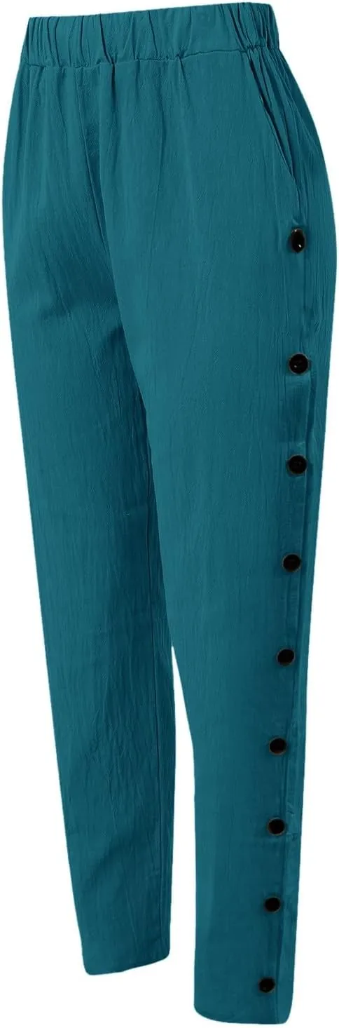 Women Buttons Solid Pants High Waisted Wide Leg Pants Drawstring Elastic Trousers Comfy Straight Leg Long Pants