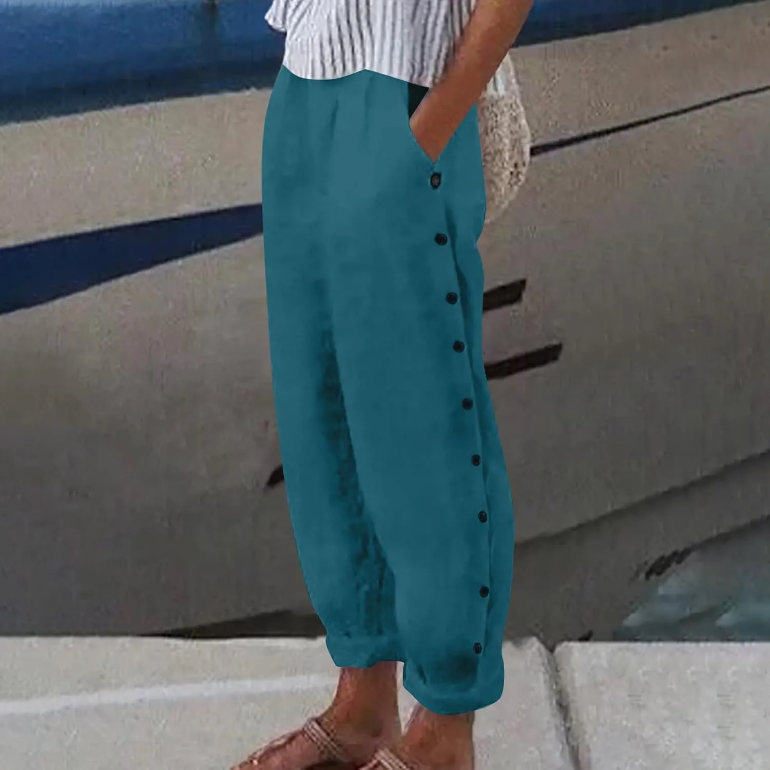Women Buttons Solid Pants High Waisted Wide Leg Pants Drawstring Elastic Trousers Comfy Straight Leg Long Pants