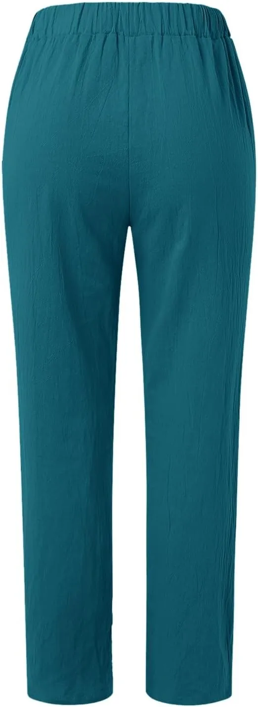 Women Buttons Solid Pants High Waisted Wide Leg Pants Drawstring Elastic Trousers Comfy Straight Leg Long Pants