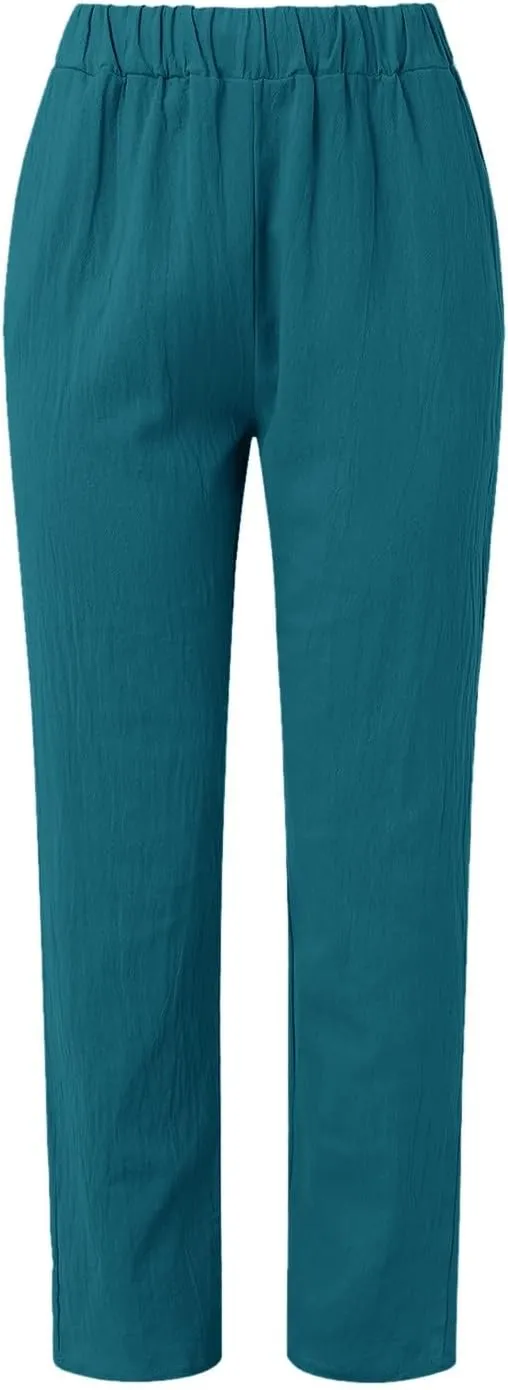 Women Buttons Solid Pants High Waisted Wide Leg Pants Drawstring Elastic Trousers Comfy Straight Leg Long Pants