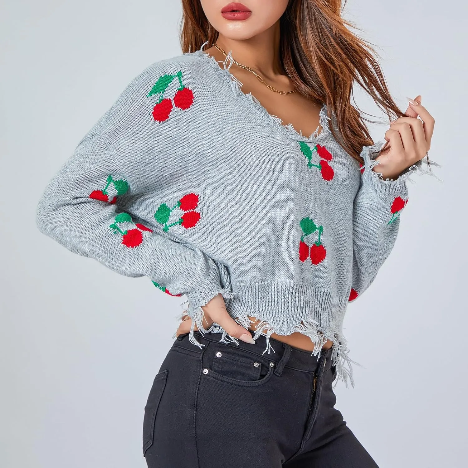Women Y2k Sweater Cable Knit Long Sleeve Crop Sweater Cherry Plaid Print Ripped V Neck Loose Knit Jumper