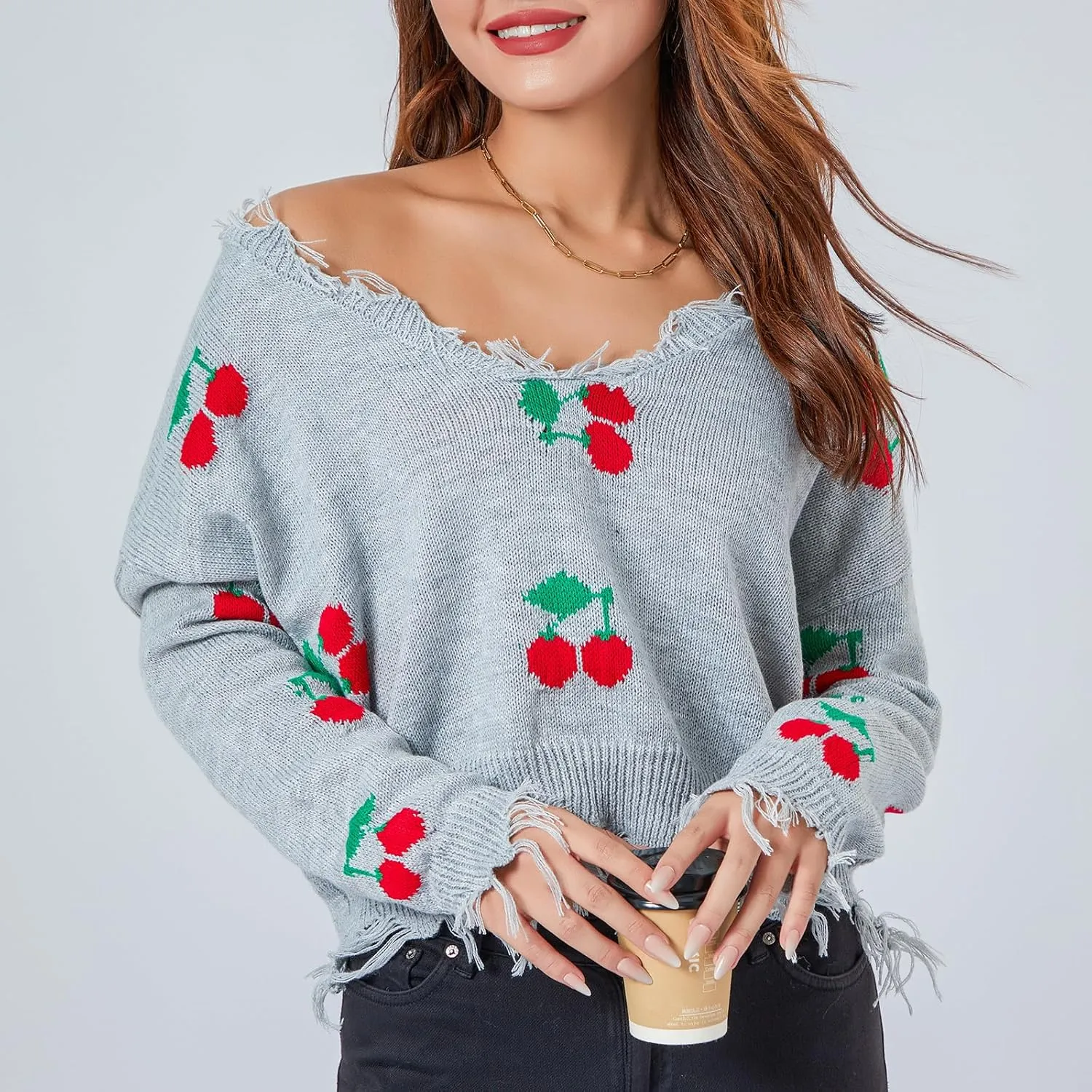 Women Y2k Sweater Cable Knit Long Sleeve Crop Sweater Cherry Plaid Print Ripped V Neck Loose Knit Jumper