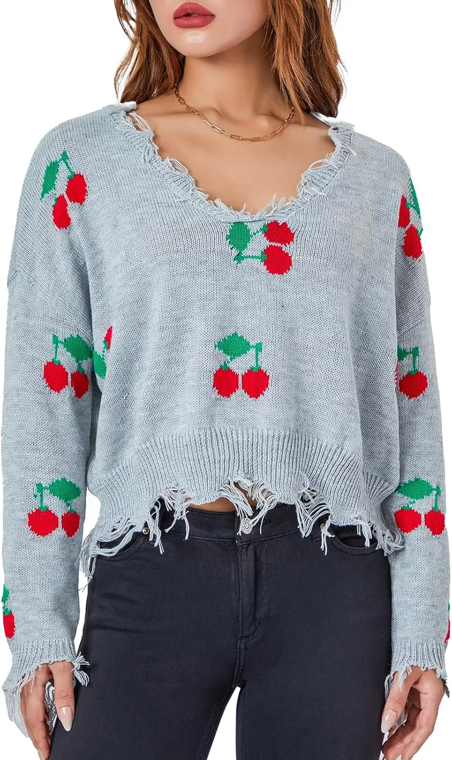 Women Y2k Sweater Cable Knit Long Sleeve Crop Sweater Cherry Plaid Print Ripped V Neck Loose Knit Jumper