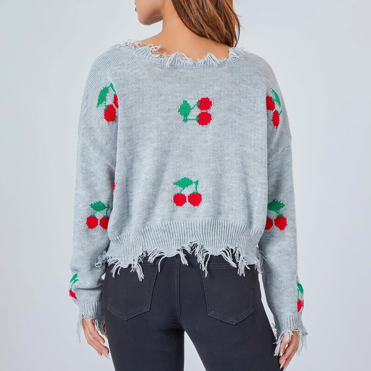 Women Y2k Sweater Cable Knit Long Sleeve Crop Sweater Cherry Plaid Print Ripped V Neck Loose Knit Jumper