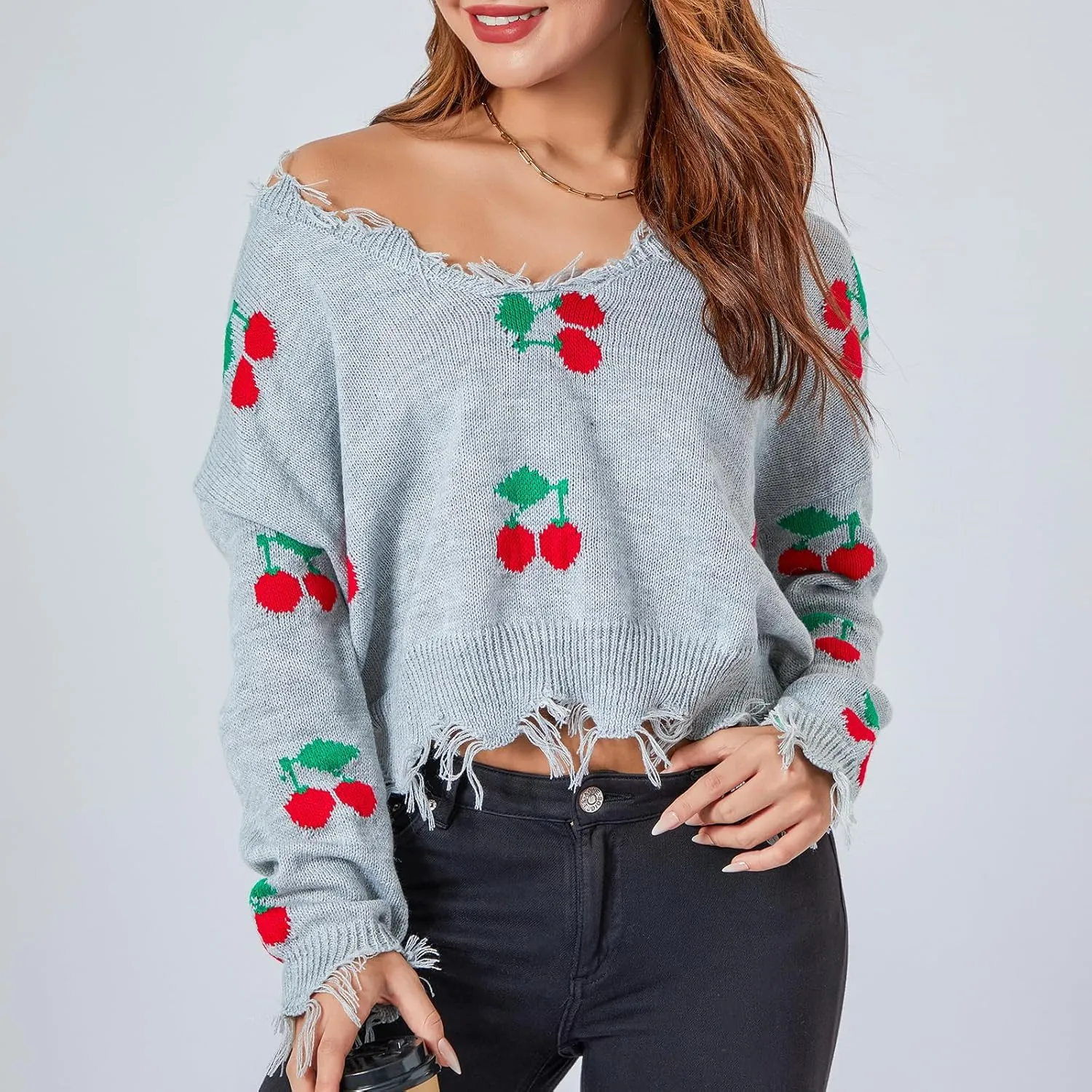 Women Y2k Sweater Cable Knit Long Sleeve Crop Sweater Cherry Plaid Print Ripped V Neck Loose Knit Jumper