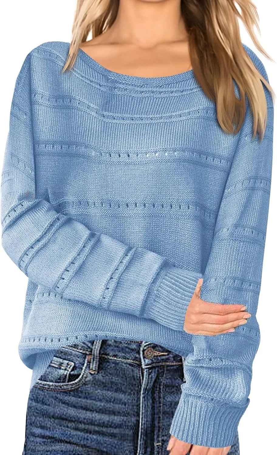 Women's 2024 Fall Long Sleeve Crew Neck Striped Color Block Casual Knitted Pullover Tops Crochet V Neck Sweater Tops