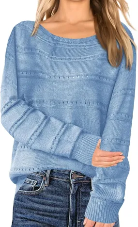 Women's 2024 Fall Long Sleeve Crew Neck Striped Color Block Casual Knitted Pullover Tops Crochet V Neck Sweater Tops