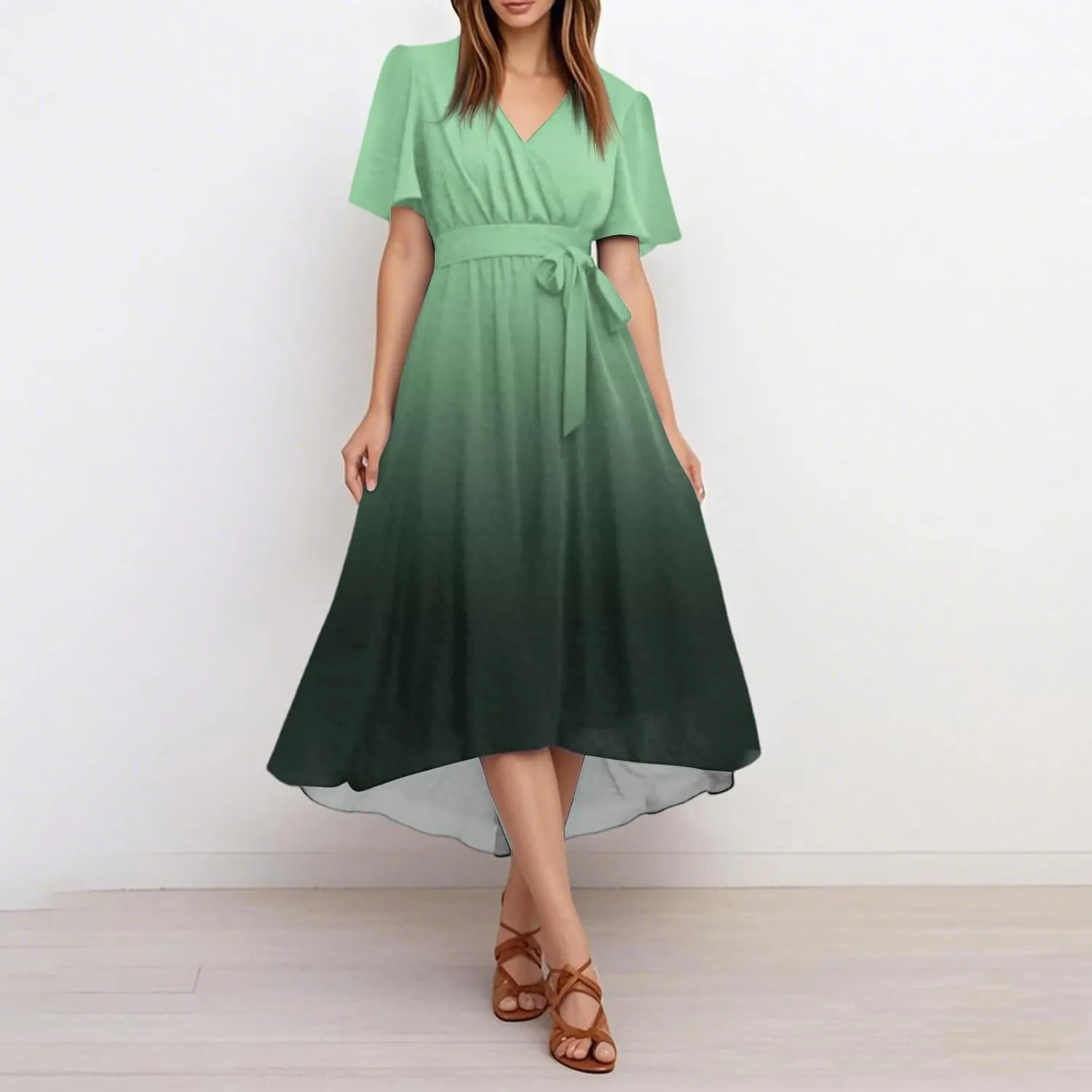 Womens Boho Floral Printed Flowy Wrap Short Sexy Dresses 2025 Elegant V Neck Belted Summer Wedding Prom Cocktail Midi Dress