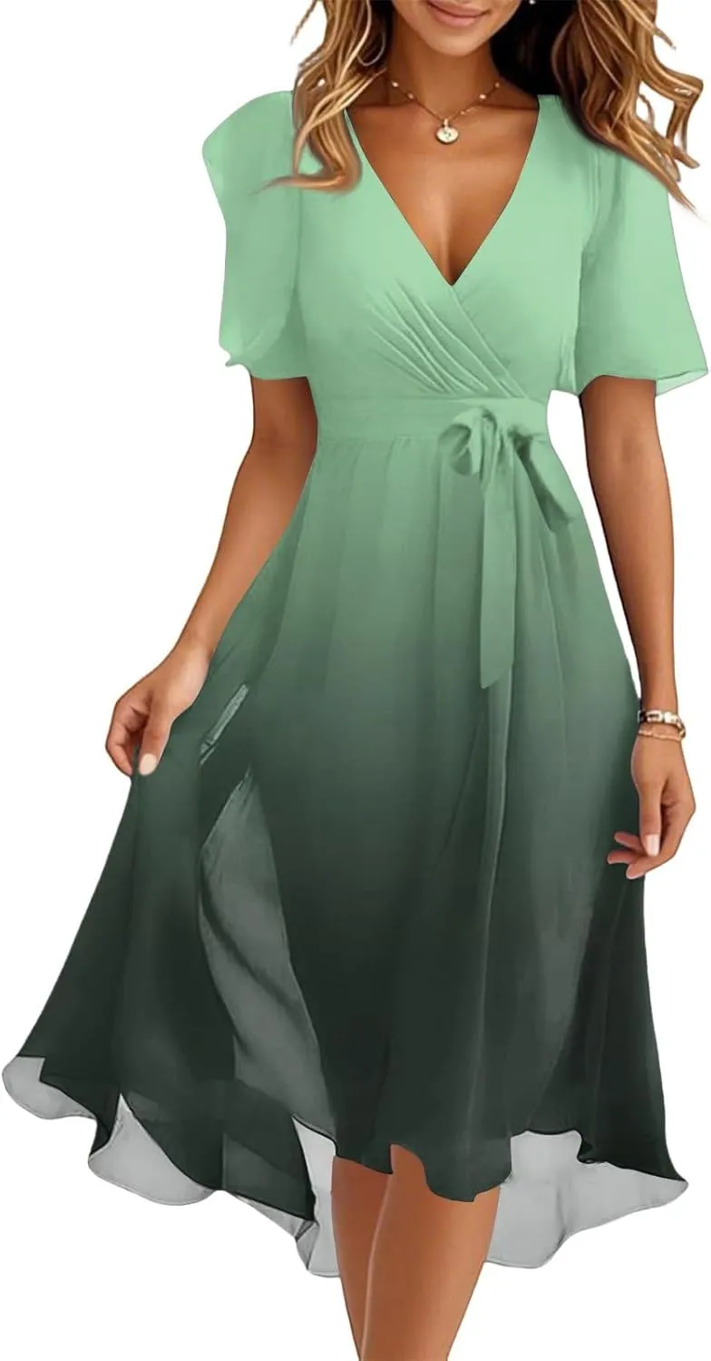Womens Boho Floral Printed Flowy Wrap Short Sexy Dresses 2025 Elegant V Neck Belted Summer Wedding Prom Cocktail Midi Dress