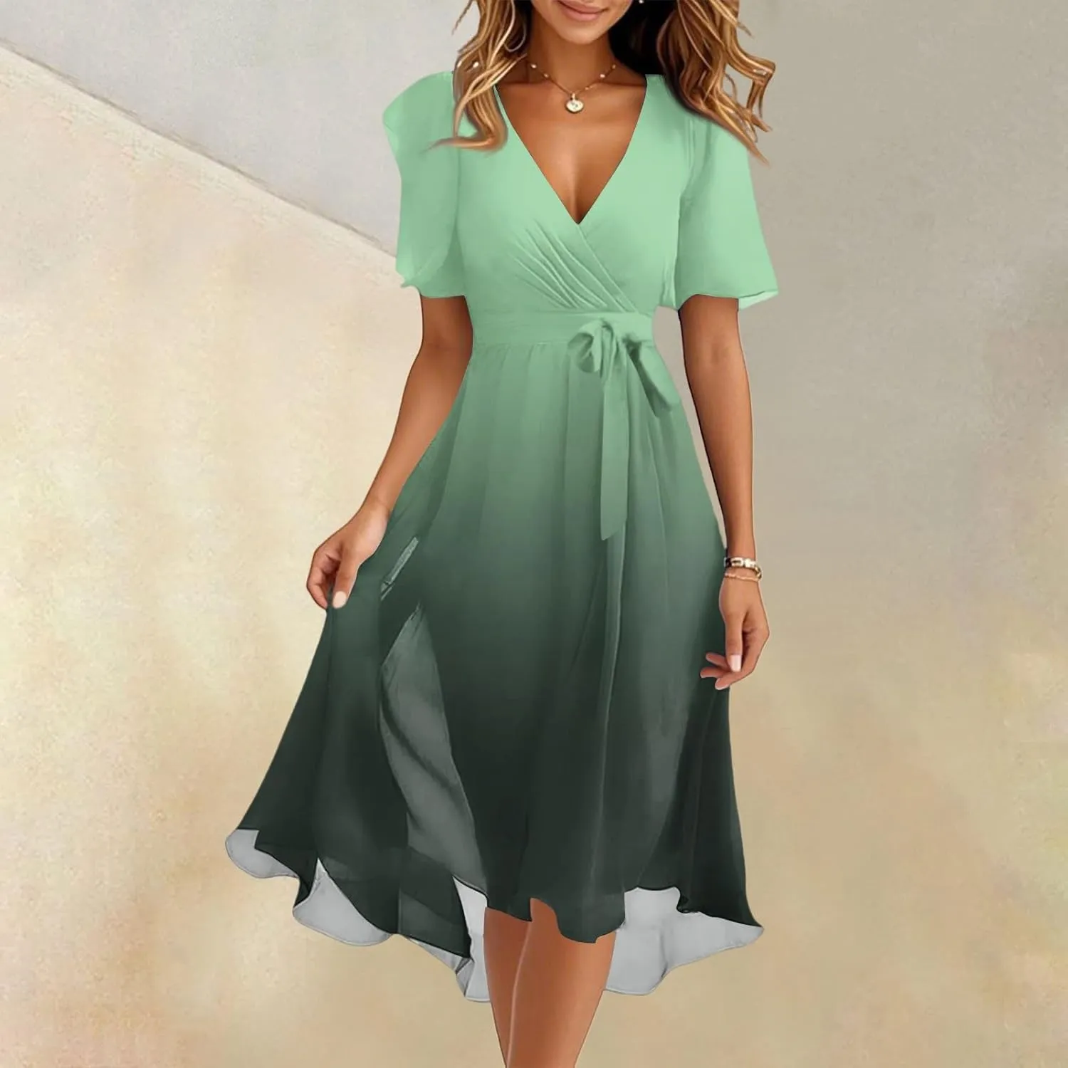 Womens Boho Floral Printed Flowy Wrap Short Sexy Dresses 2025 Elegant V Neck Belted Summer Wedding Prom Cocktail Midi Dress