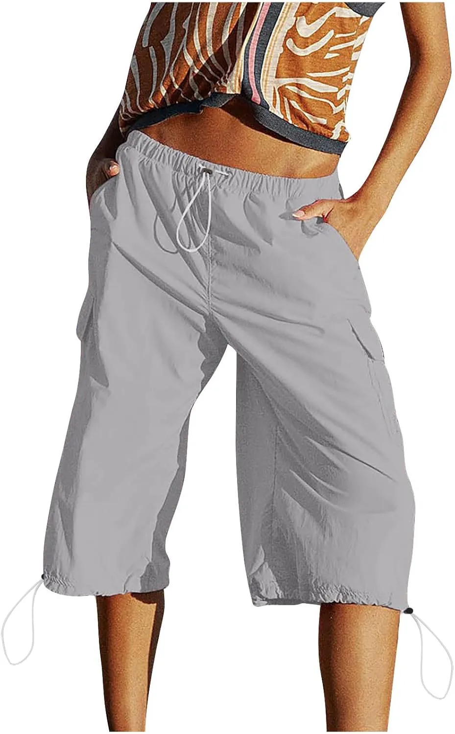 Womens Cargo Shorts with Pockets Summer 2024 Drawstring Elastic Waist Bermuda Shorts Knee Length Wide Leg Shorts