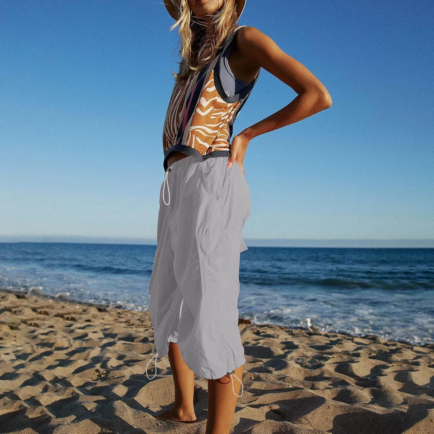 Womens Cargo Shorts with Pockets Summer 2024 Drawstring Elastic Waist Bermuda Shorts Knee Length Wide Leg Shorts
