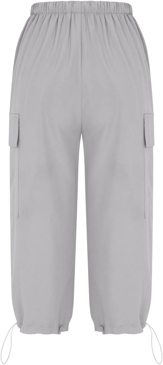 Womens Cargo Shorts with Pockets Summer 2024 Drawstring Elastic Waist Bermuda Shorts Knee Length Wide Leg Shorts