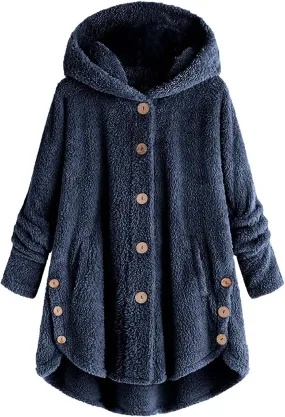 Womens Casual Fleece Jackets Oversized Button Down Winter Hooded Coats Long Sleeve Cardigan Sweater With Pockets