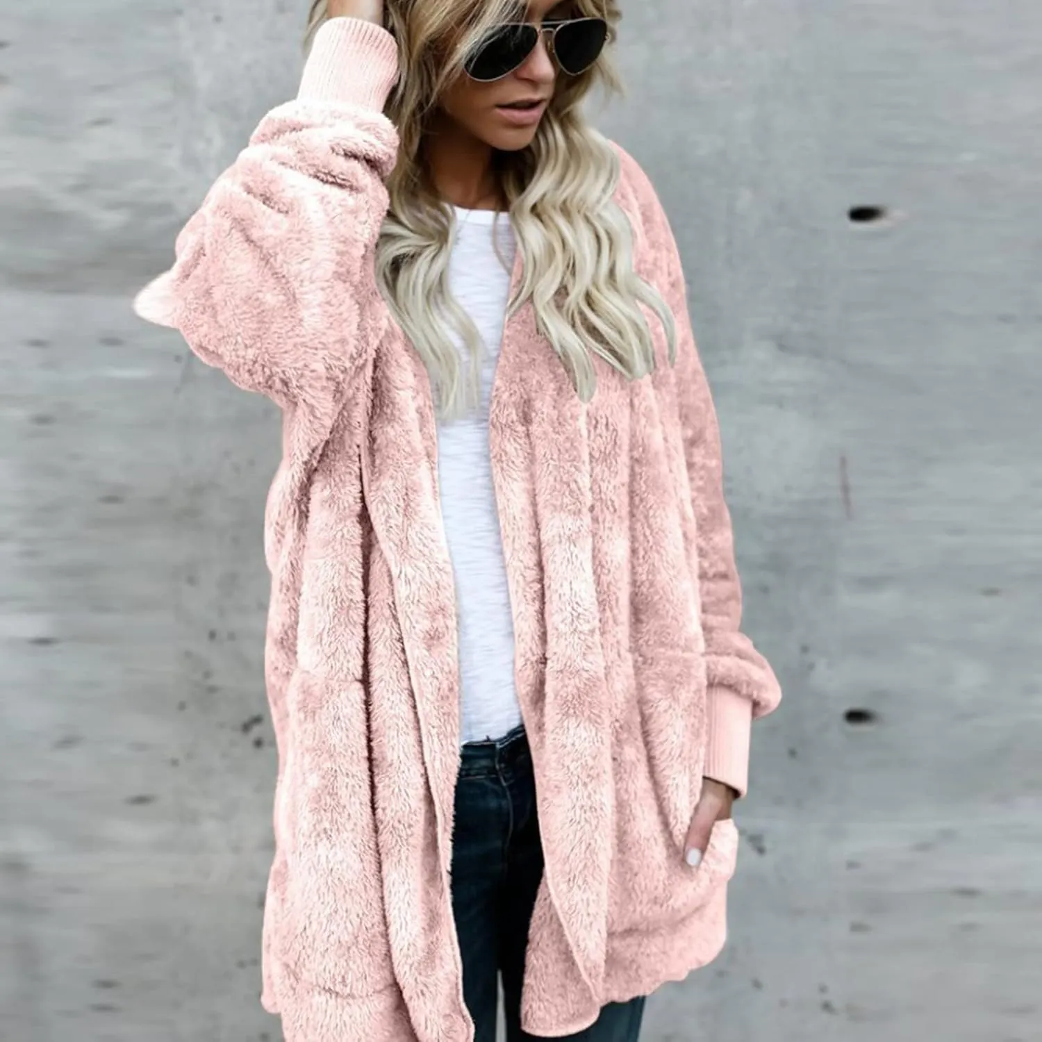 Women's Hooded Cardigan Sherpa Fuzzy Fleece Jacket Warm Coat Outwear with Pockets 