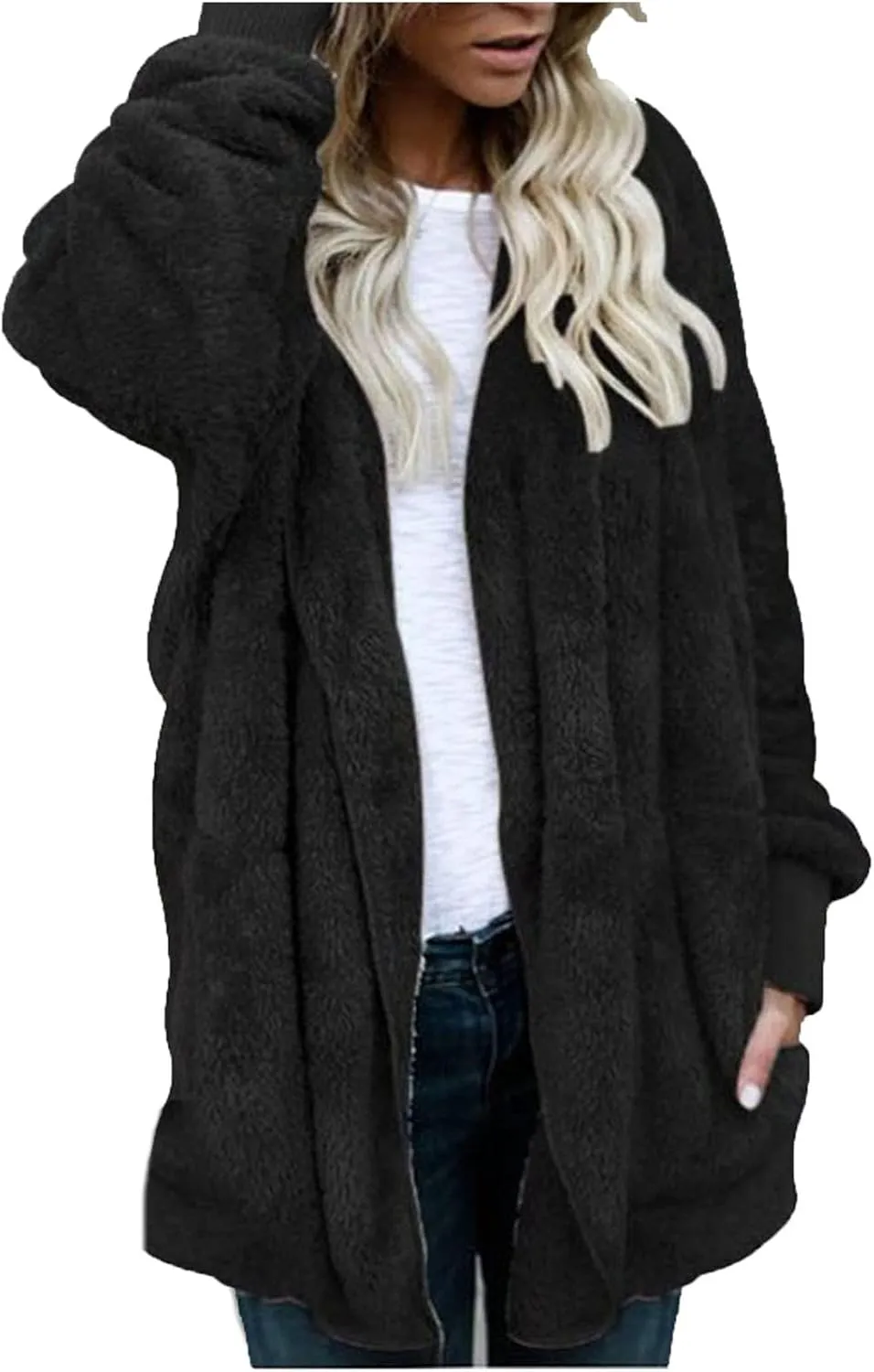Women's Hooded Cardigan Sherpa Fuzzy Fleece Jacket Warm Coat Outwear with Pockets 