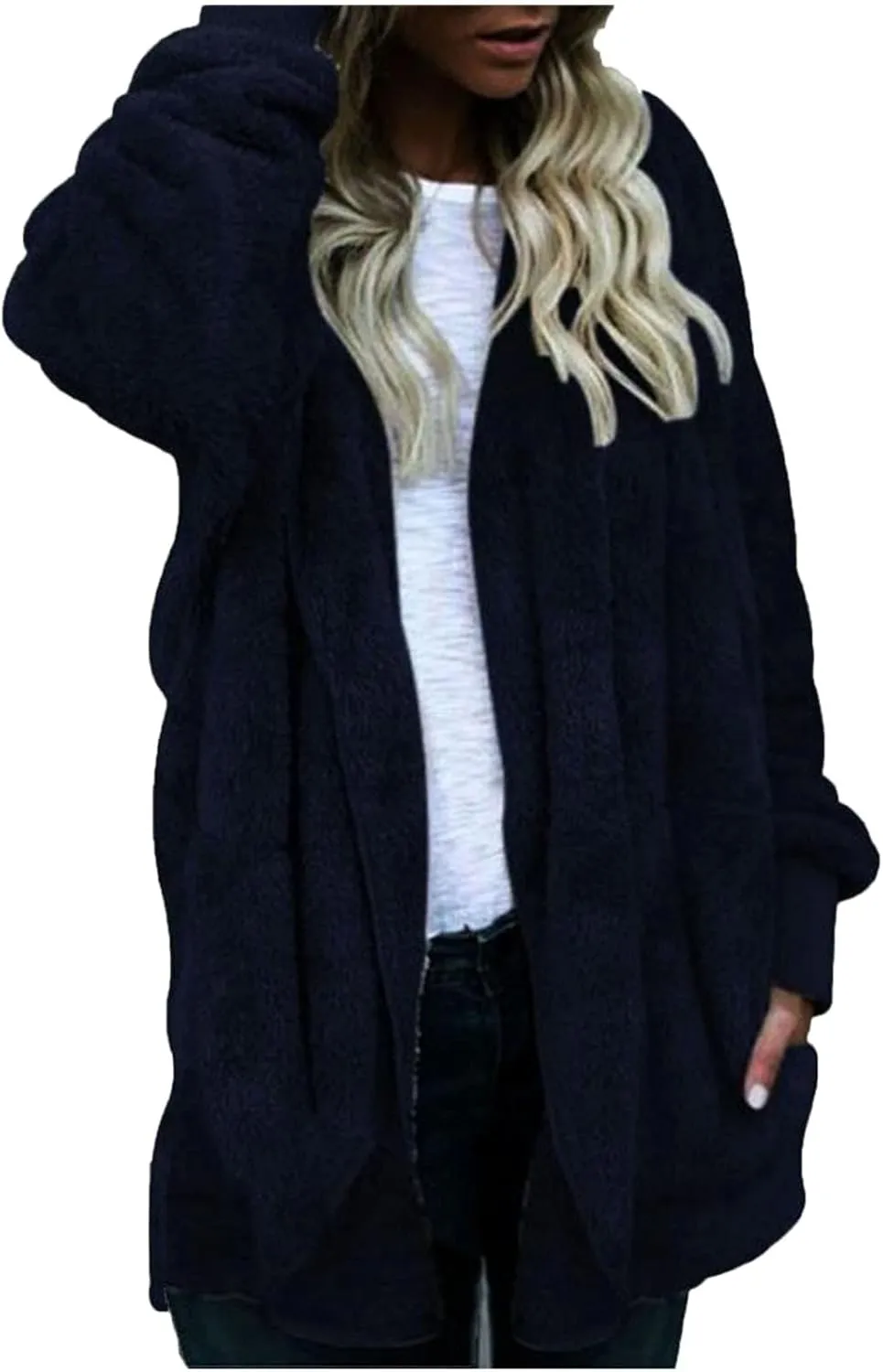 Women's Hooded Cardigan Sherpa Fuzzy Fleece Jacket Warm Coat Outwear with Pockets 