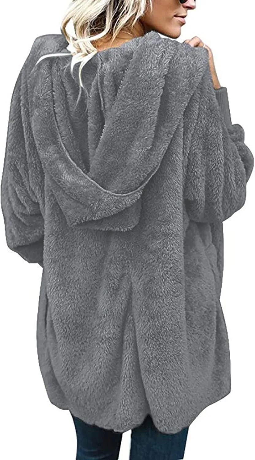 Women's Hooded Cardigan Sherpa Fuzzy Fleece Jacket Warm Coat Outwear with Pockets 