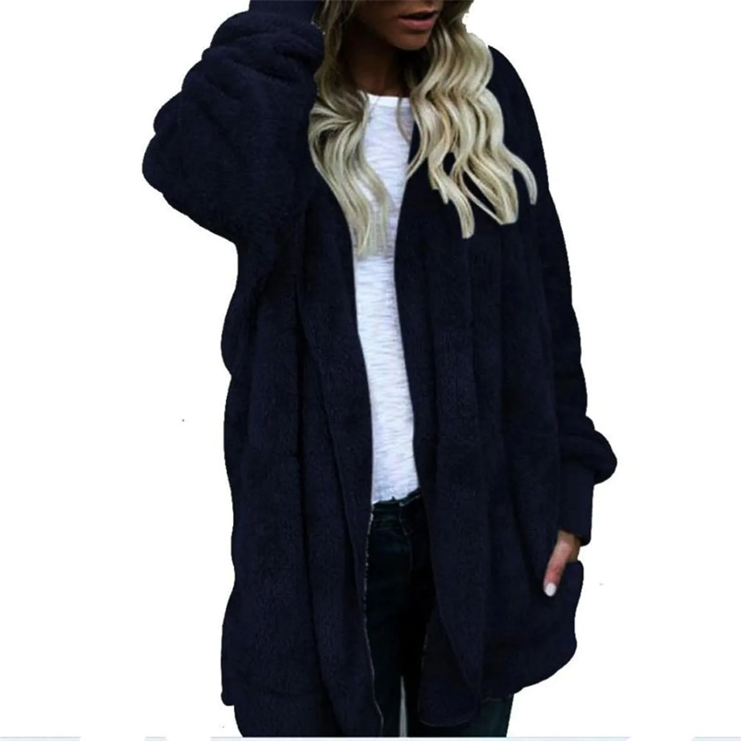 Women's Hooded Cardigan Sherpa Fuzzy Fleece Jacket Warm Coat Outwear with Pockets 